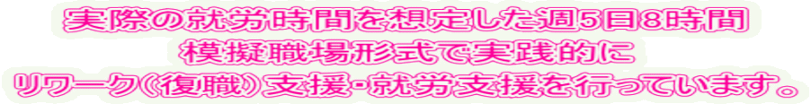 実際の就労時間を想定した週5日8時間 模擬職場形式で実践的にリワーク（復職）支援・就労支援を行っています。